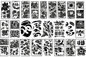 Slim, spinal tattoo of multiple and distinct objects, animals, Japanese kanji characters and flowers tattoo idea