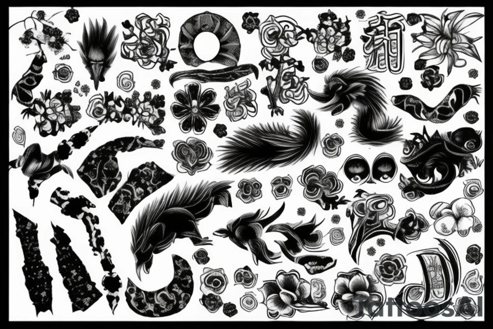 Slim, spinal tattoo of multiple and distinct objects, animals, Japanese kanji characters and flowers tattoo idea