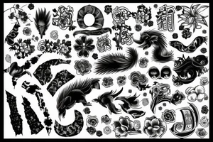 Slim, spinal tattoo of multiple and distinct objects, animals, Japanese kanji characters and flowers tattoo idea
