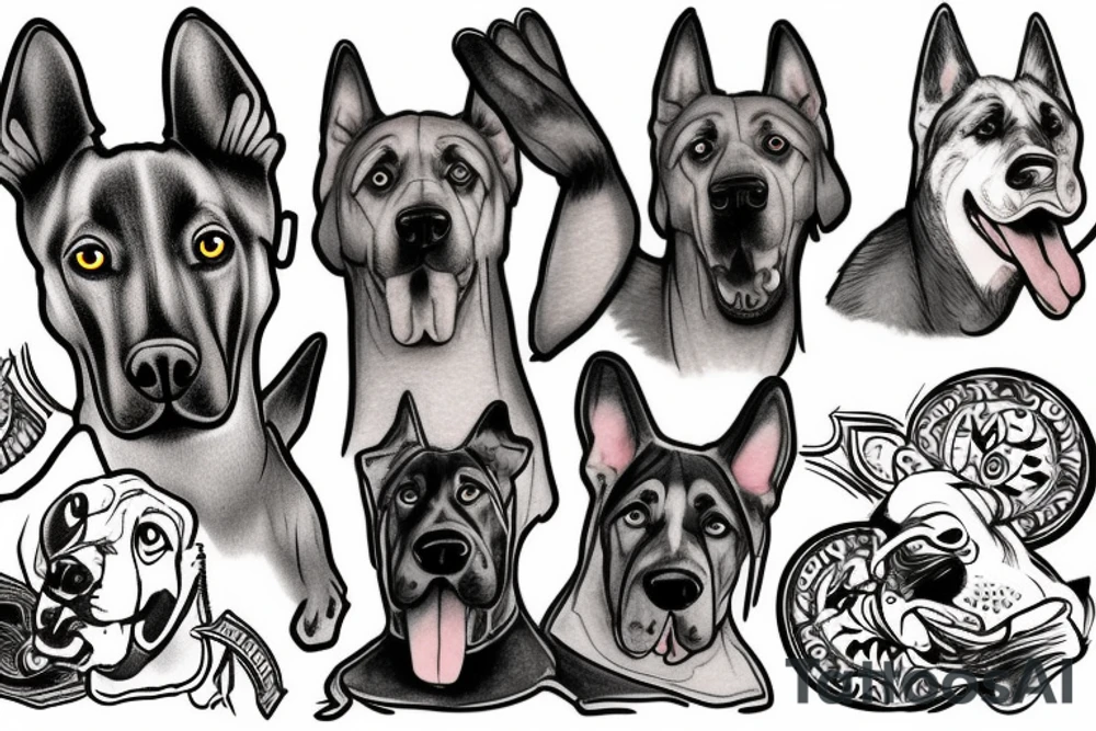 Great Dane playing with a German Shepherd dog. A grey Husky is also with them. tattoo idea