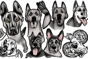 Great Dane playing with a German Shepherd dog. A grey Husky is also with them. tattoo idea