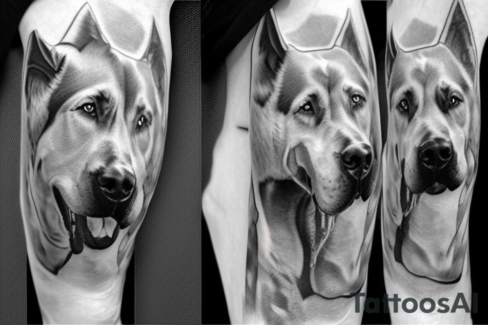Great Dane playing with a German Shepherd dog. A grey Husky is also with them. tattoo idea