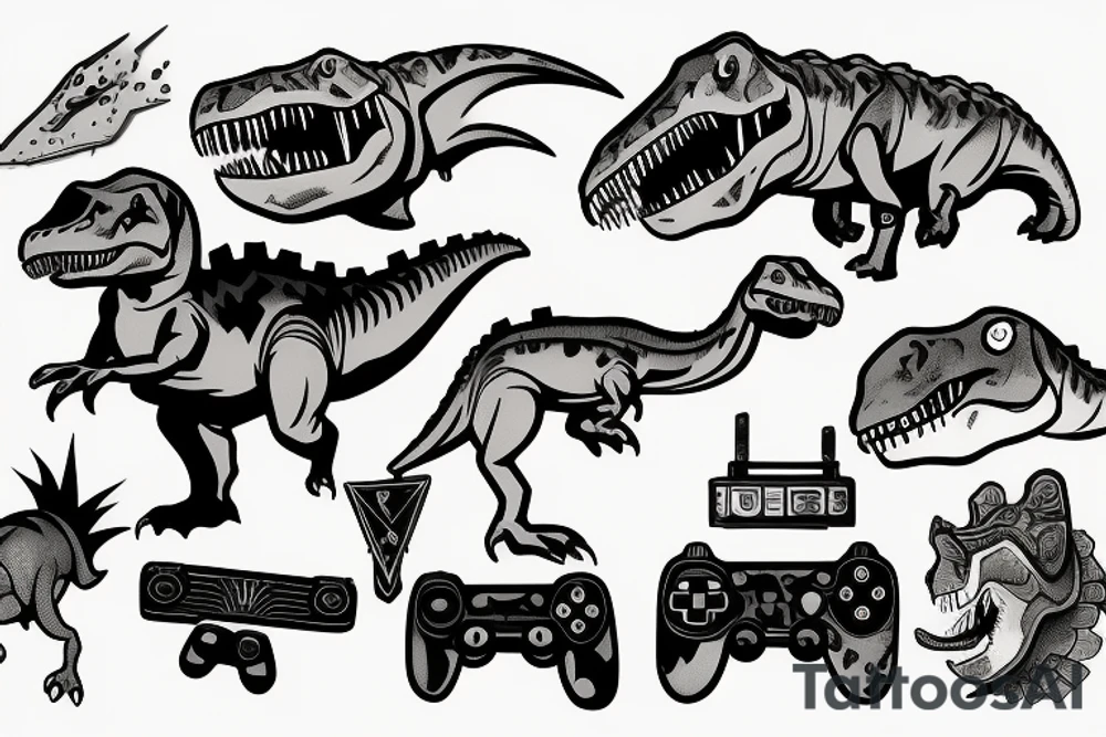 dinosaur holding video game controller tattoo idea