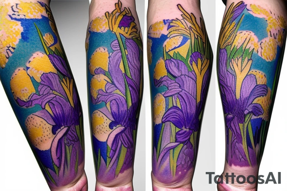 Detailed Iris flower on the leg tattoo idea