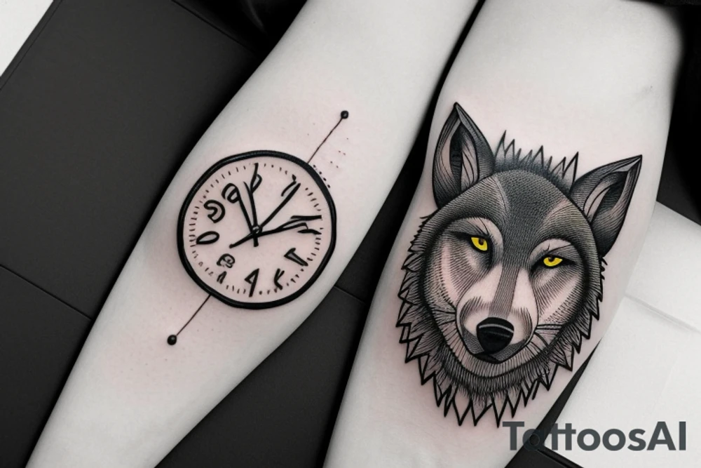 Forest leading to wolf head surrounded by film and 3 clocks tattoo idea