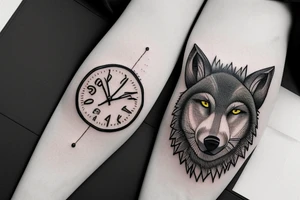 Forest leading to wolf head surrounded by film and 3 clocks tattoo idea