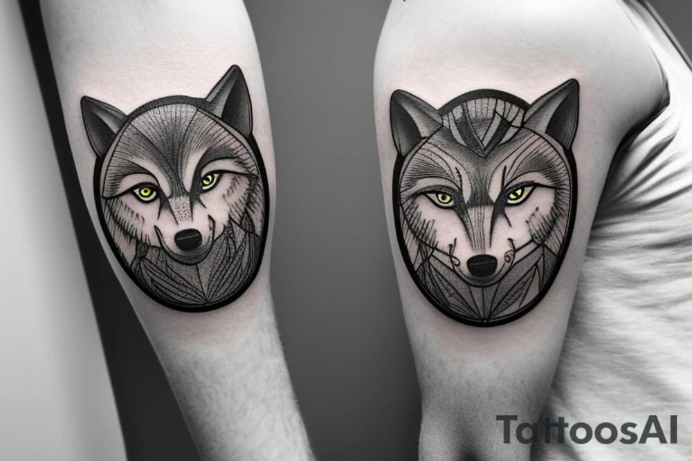 Forest leading to wolf head surrounded by film and 3 clocks tattoo idea