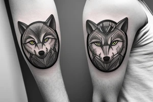 Forest leading to wolf head surrounded by film and 3 clocks tattoo idea