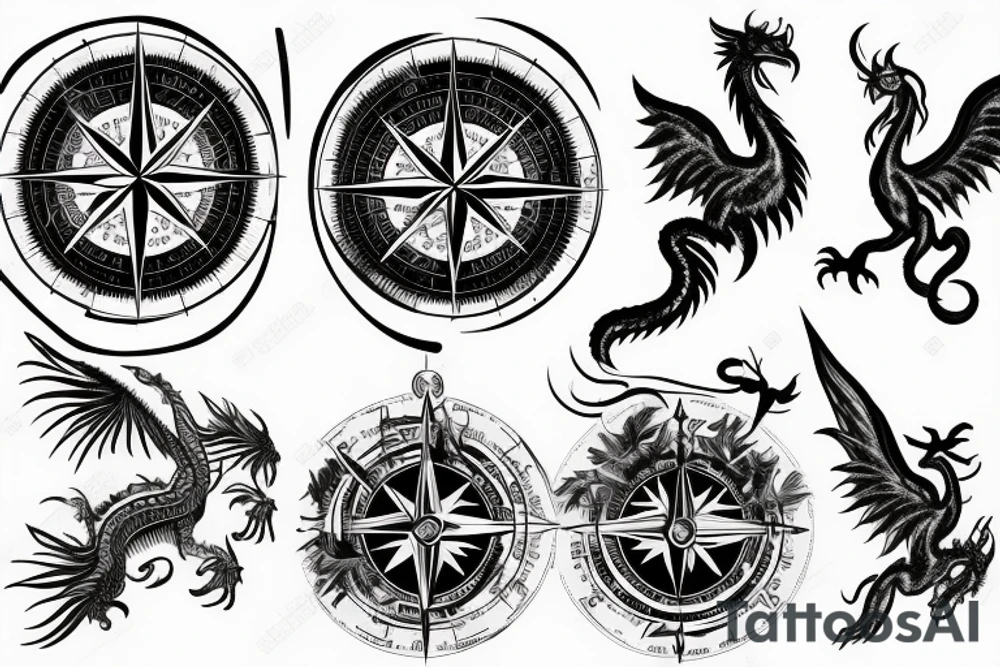 Compass with Phoenix and a dragon tattoo idea