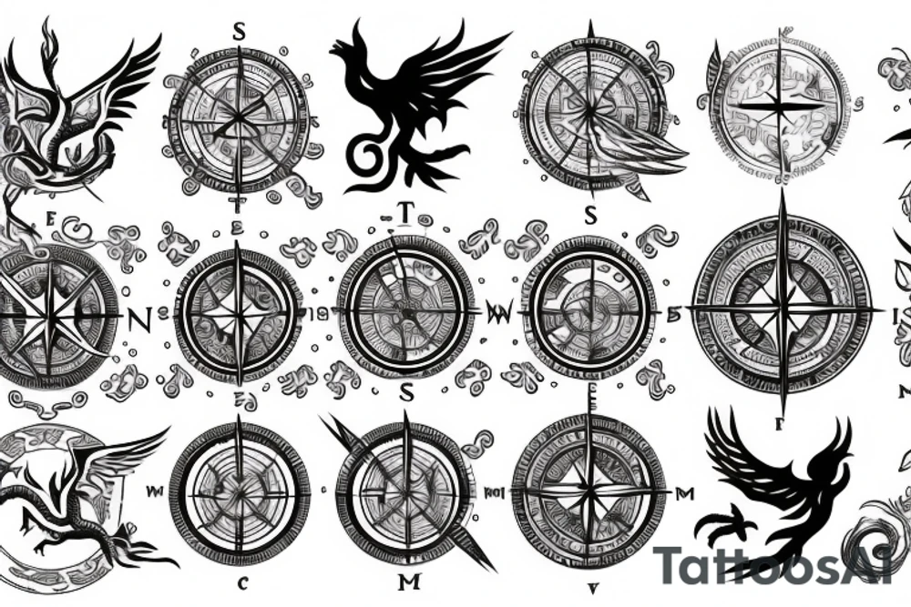 Compass with Phoenix and a dragon tattoo idea
