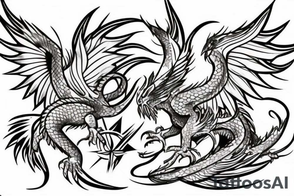 A Phoenix and a dragon coming out of a compass tattoo idea