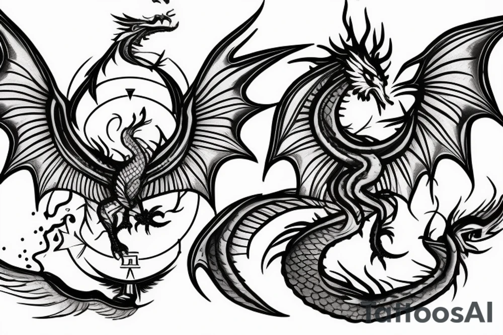 A Phoenix and a dragon coming out of a compass tattoo idea