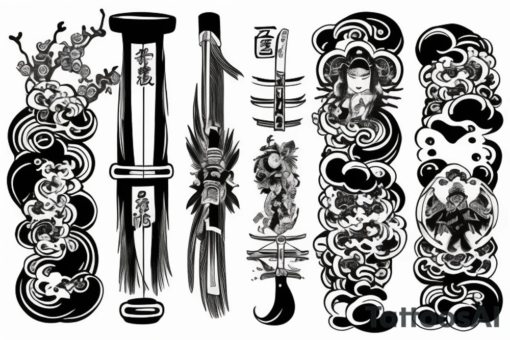 Katana surrounded by asian-style clouds tattoo idea