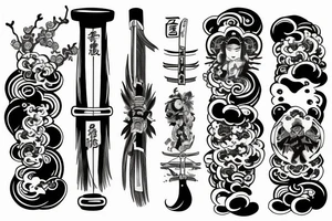 Katana surrounded by asian-style clouds tattoo idea