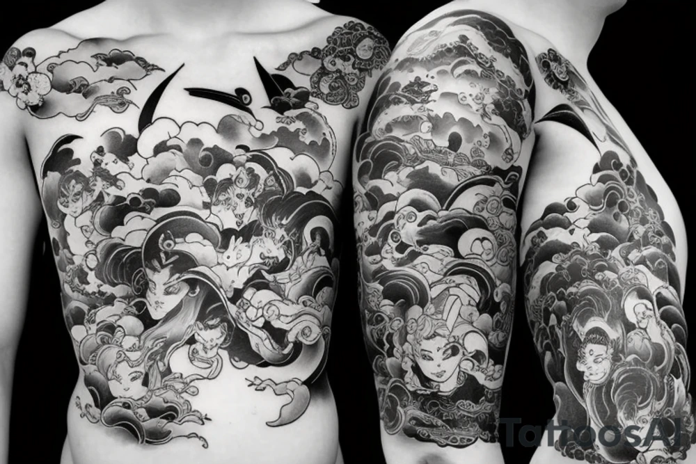 Katana surrounded by asian-style clouds tattoo idea