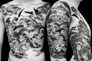 Katana surrounded by asian-style clouds tattoo idea