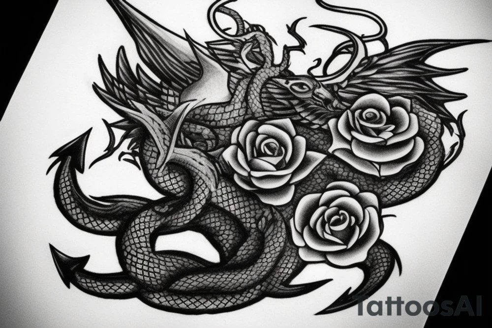 Anchor wrapped by a dragon with a rose and crows in the background tattoo idea Anchor wrapped by a dragon with a rose and crows in the background tattoo idea