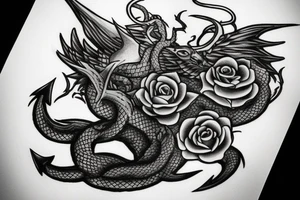 Anchor wrapped by a dragon with a rose and crows in the background tattoo idea