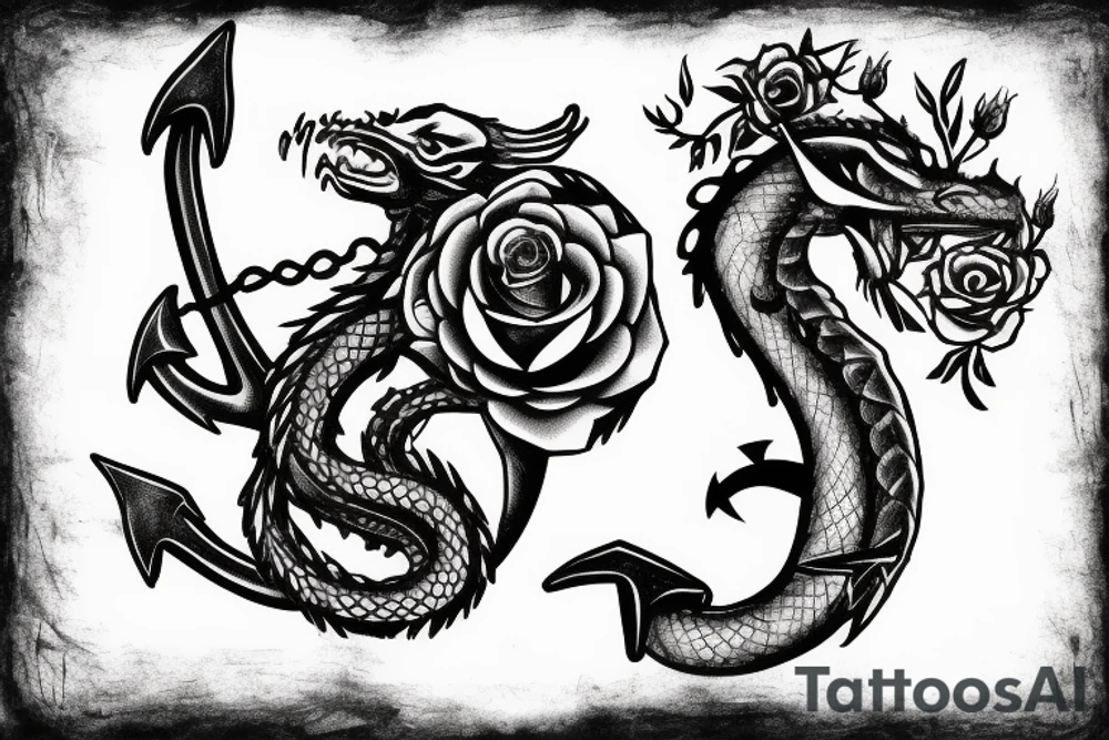 Anchor wrapped by a dragon with a rose and crows in the background tattoo idea