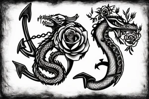 Anchor wrapped by a dragon with a rose and crows in the background tattoo idea
