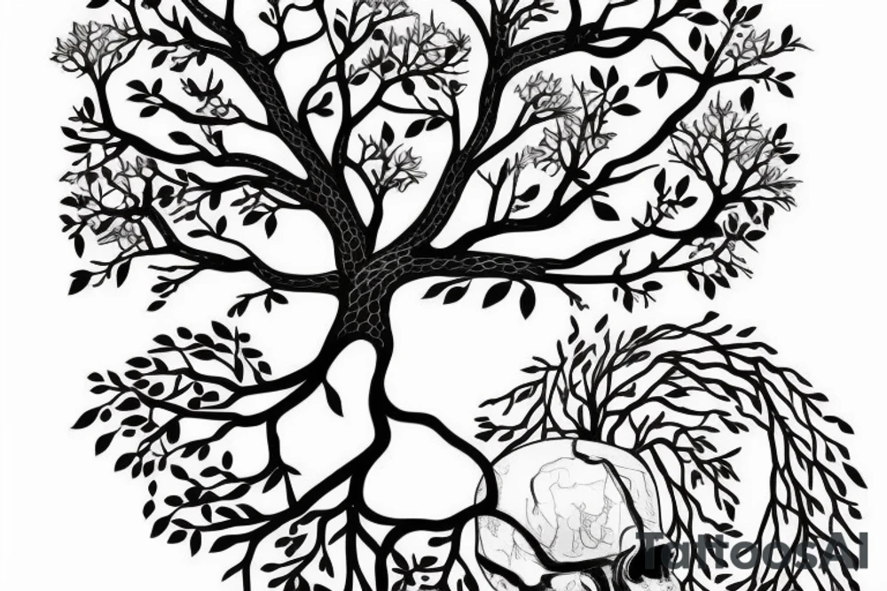Tree growing through skull tattoo idea