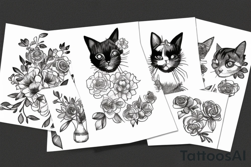 short hair cat in flowers tattoo idea