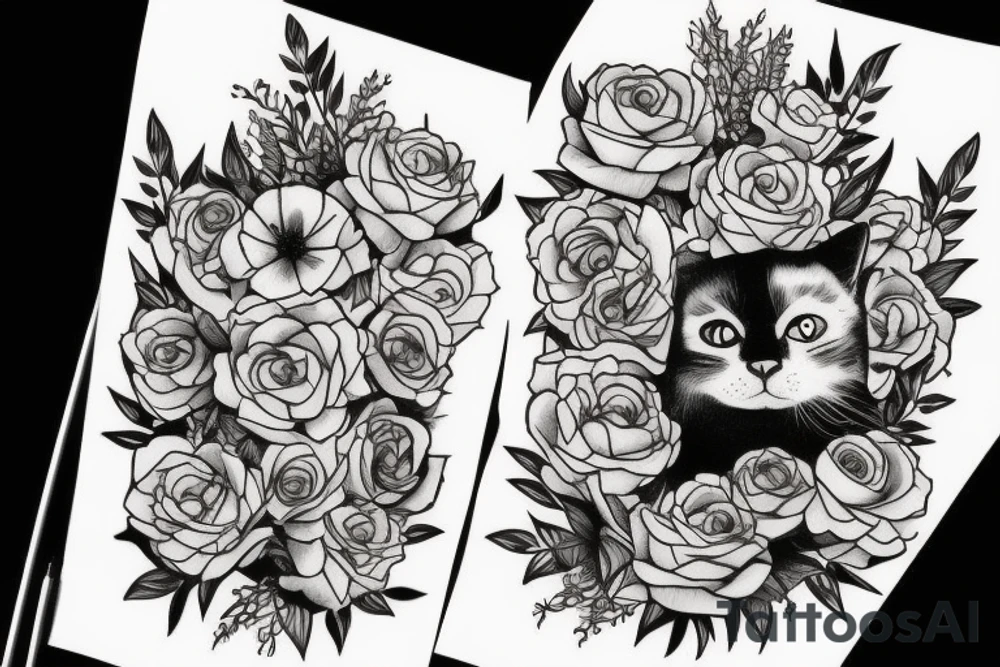 cat in a flower bush tattoo idea