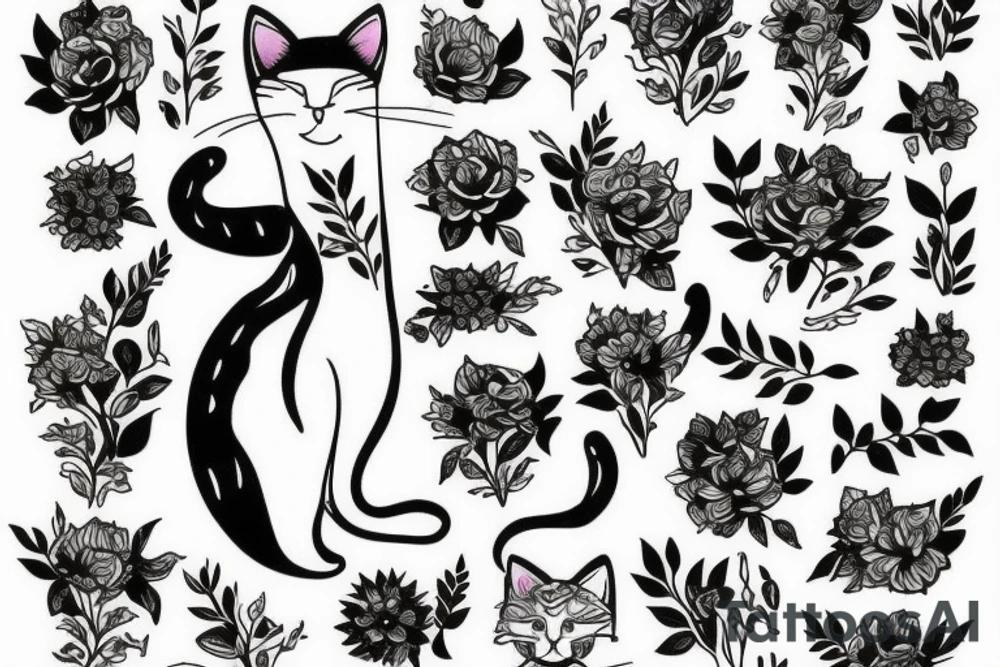 cat in a flower bush tattoo idea