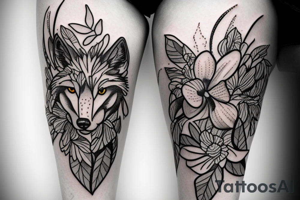 Wolf with orchids and carnations around it in a scenery. tattoo idea