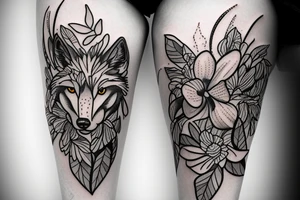 Wolf with orchids and carnations around it in a scenery. tattoo idea