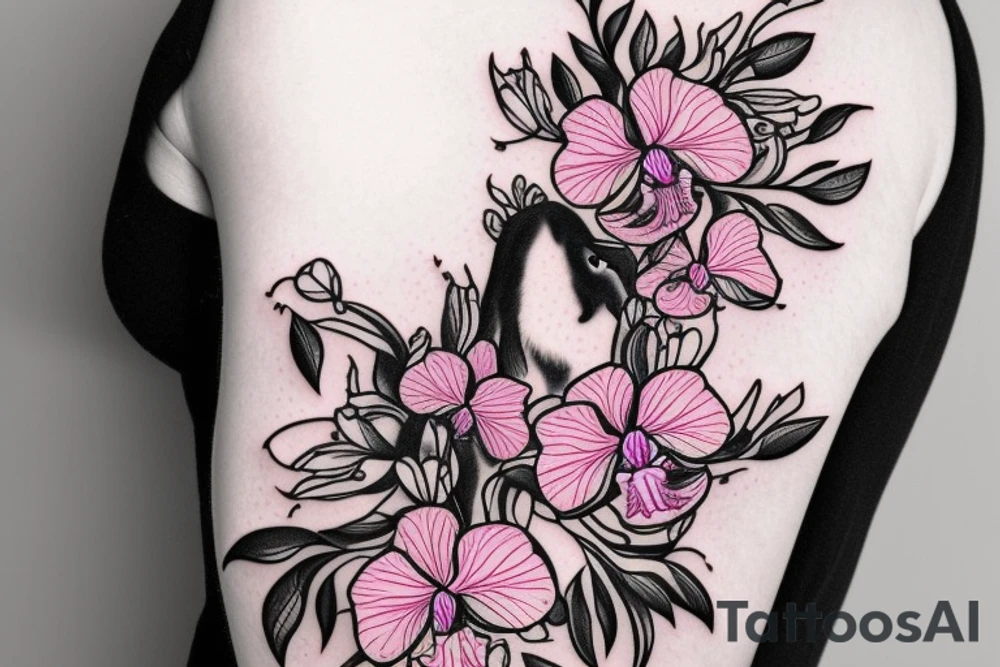 Wolf with orchids and carnations around it in a scenery. tattoo idea Wolf with orchids and carnations around it in a scenery. tattoo idea