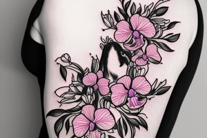 Wolf with orchids and carnations around it in a scenery. tattoo idea