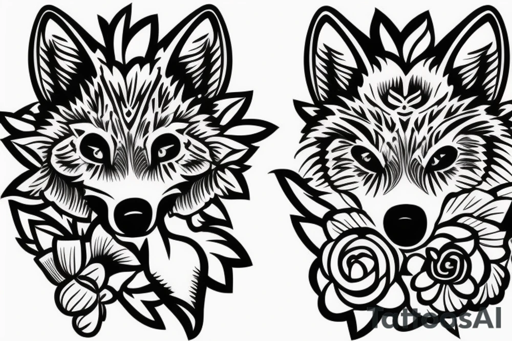 Wolf with orchids and carnations around it in a scenery. tattoo idea