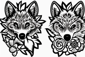 Wolf with orchids and carnations around it in a scenery. tattoo idea