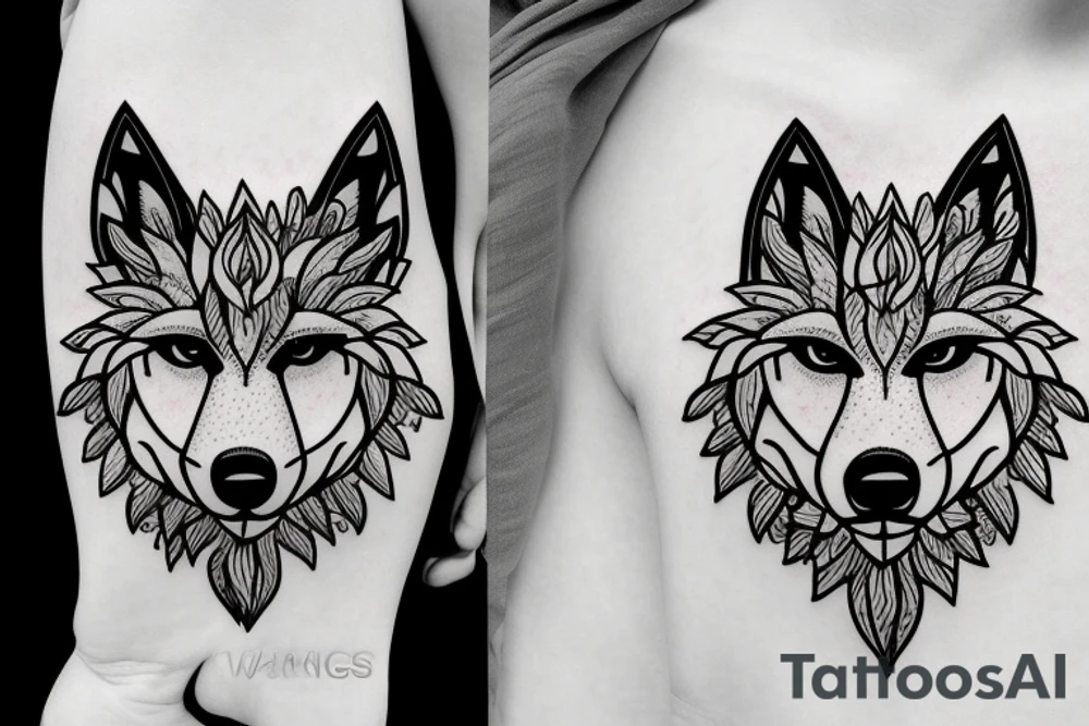Wolf with orchids and carnations around it in a scenery. tattoo idea