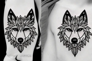 Wolf with orchids and carnations around it in a scenery. tattoo idea