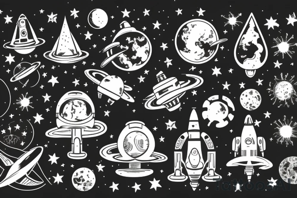 Outer space with a big tree in the forefront with water underneath tattoo idea