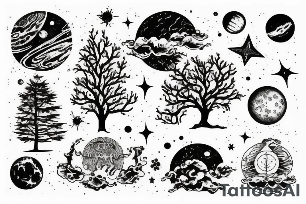 Outer space with a big tree in the forefront with water underneath tattoo idea