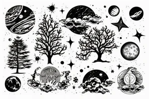 Outer space with a big tree in the forefront with water underneath tattoo idea