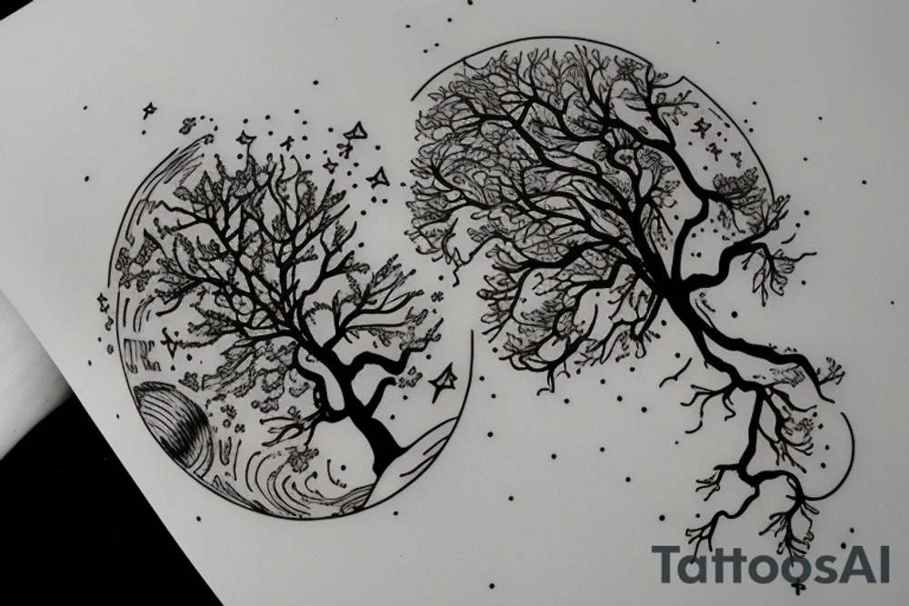 Outer space with a big tree in the forefront with water underneath tattoo idea