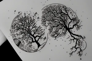 Outer space with a big tree in the forefront with water underneath tattoo idea