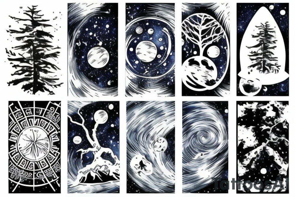 Outer space with a big tree in the forefront with water underneath tattoo idea