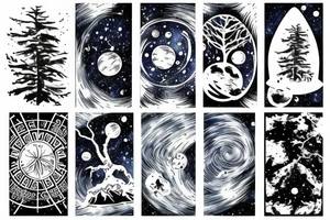 Outer space with a big tree in the forefront with water underneath tattoo idea