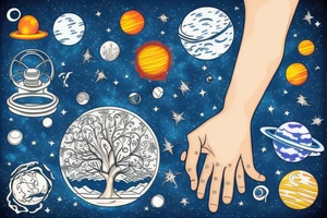 Outer space with a big tree in the forefront with water underneath tattoo idea