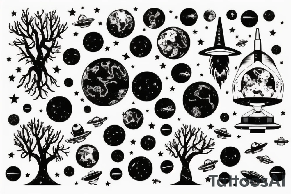 Outer space with a big tree in the forefront with water underneath tattoo idea