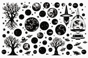Outer space with a big tree in the forefront with water underneath tattoo idea