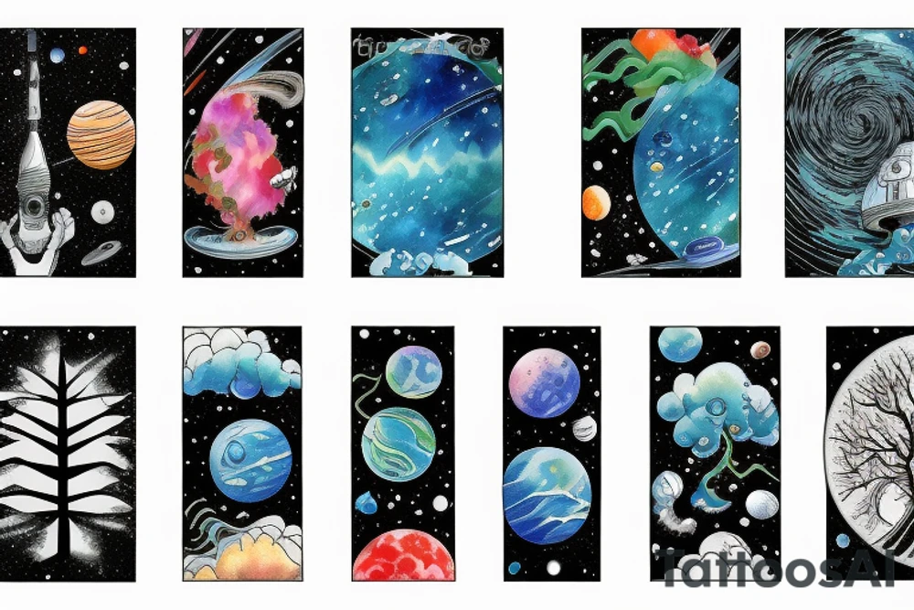 Outer space with a big tree in the forefront with water underneath tattoo idea