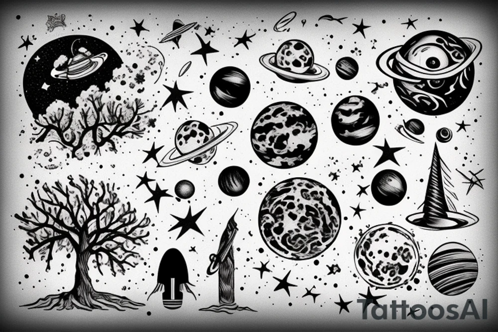 Outer space with a big tree in the forefront with water underneath tattoo idea