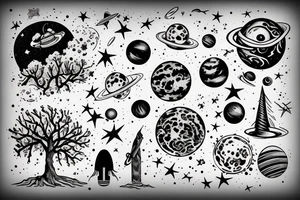 Outer space with a big tree in the forefront with water underneath tattoo idea
