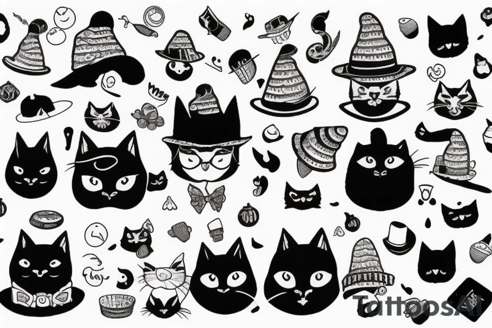 Black cat with a funny hat and sweater tattoo idea